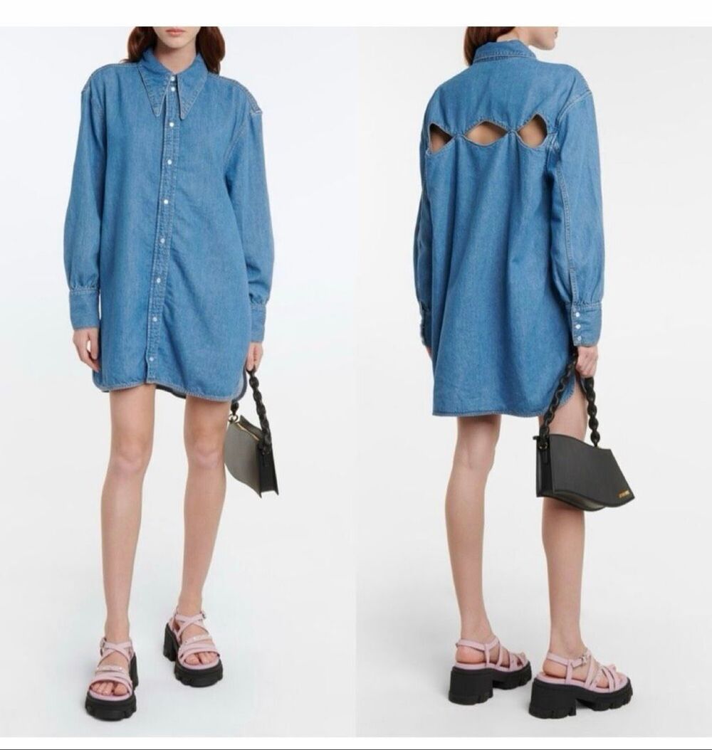 Ganni Women’s Cut Out Snap Button Long Sleeved Medium Wash Denim Shirt